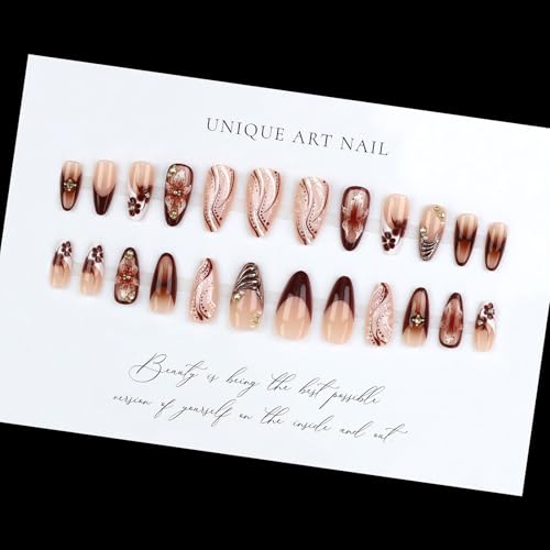 Press on Nails Medium Almond, Embossed Flower Acrylic Fake Nails, Brown French Beads 3D Floral Texture Artificial, Reusable Full Cover Glue on Nails, Stick on Nails for Women - color: Color 07