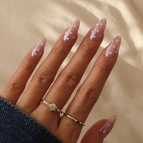 Qsnidy Pearlescent Press on Nails - Glazed Polka Dots, Medium Almond - color: Glazed Polka Dots