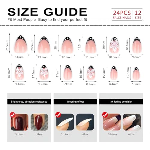 Medium Almond Press On Nails, Nude Pink Fake Nails with 3D Flower Design, Black French Tips and White Polka Dot Accents, Glossy Reusable Glue On Nails for Women Daily Wear Party, 24PCS - color: 3D-70-Pink Blossom Dots