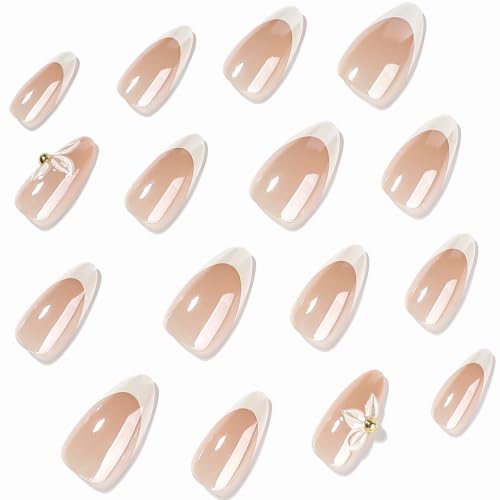 Medium Almond Press On Nails, White French 3D Flower Fake Nails - color: 098-Pearl Ivory Blush