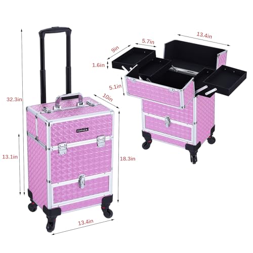 TOPACK 3-In-1 360°Rotaing Rolling Makeup Train Case with Trolley/Drawer - color: all pink, size: medium