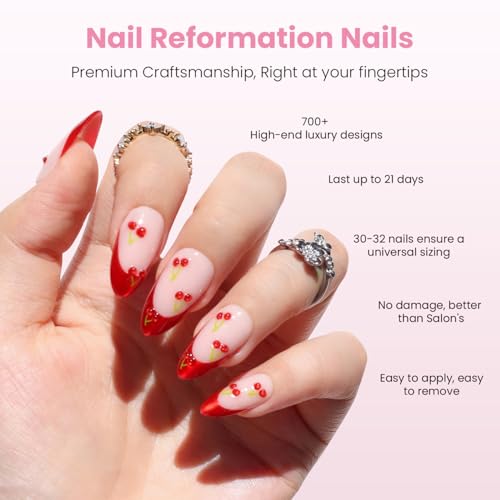 Nail Reformation Press On Nails, Cherry | Pink Medium Almond 15 Sizes 30Pcs - color: Cherry Cherry