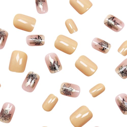 Autumn Press on Nails Short Square Fake Nails with Maple Designs Full Cover Nails Press ons Gold Nude Glue on Nails Fall Acrylic Nails Glossy Stick on Nails for Women 24Pcs - color: 16