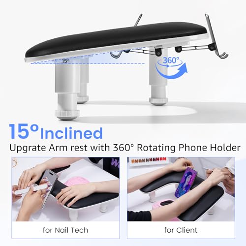 U-Shaped Manicure Arm Rest for Nails Tech with Rotating Phone Stand, Black - color: 3nd Gen Black