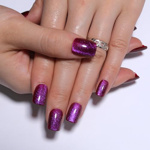 Pink Purple Cat Eye Press On Nails Short Square, Magenta Tone Cat Eye Nail Design, High Saturation Color Glossy Soft Gel Fake nails, Reusable Glue On Nails for Women, Party Holiday, 30Pcs - color: M07-purple pink