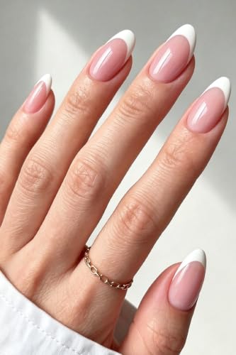 AzureBeauty Short Almond French Tip Press On Nails, Pink Base, 32 Pcs - color: A-Pink Base French