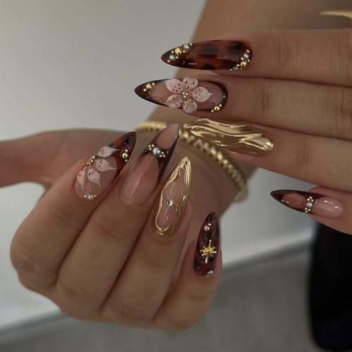 Fall Brown Press on Nails Medium Almond - Tortoiseshell & 3D Flowers - color: D-48