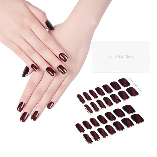 DANNI & TONI Semi Cured Gel Nail Strips Dark Red (Bonfire Night) Cat Eye Magnetic Gel Nail Wraps 28 Stickers - color: Bonfire Night
