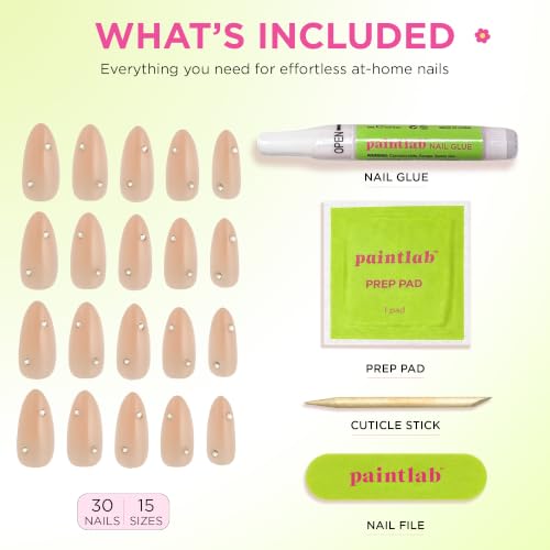 PaintLab Bare Nude Lux 3D Diamond Press On Nails, Medium Almond, 30pcs Kit, - color: Bare Lux