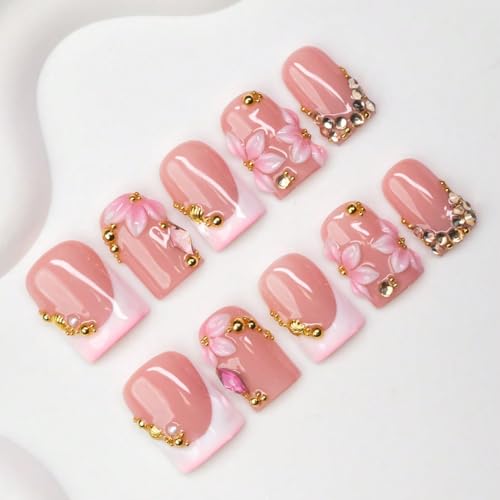 10 Pcs Flower Press on Nails Handmade Short Fake Nails 3D Pink White Flower Designs Rhinestone French Tips False Nails Press ons with Charms Designs Thick Square Acrylic Stick on Nail for Women (M) - color: 2703, size: M