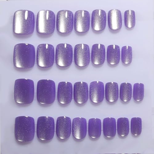 Stbisne Purple Press On Nails Short Lavender Color Cat Eye Square Fake Nail - color: M03-Amethyst Drift