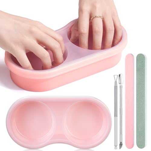 Dual Nail Soaking Bowl for Both Hands, Acetone-Proof Manicure Soak Bowl Kit - color: D3-Pink Large Soaking Area