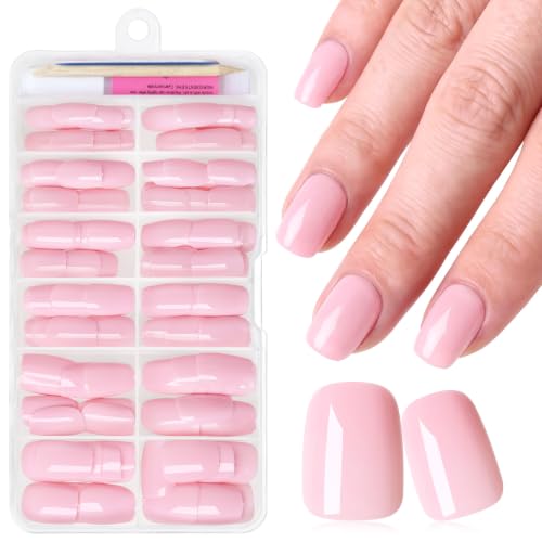 Short Pink Press on Nails Square Fake Nails Press ons Pink Glue Nails-H - color: Blush Pink
