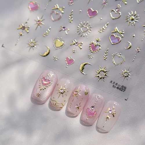 1 Sheet Star Nail Art Stickers 5D Embossed Moon Heart Nail Decals Pink Gold Nail Stickers for Nail Art with Pink Rhinestones Design Sun Nails Supplies Accessories for Women Manicure DIY Decorations - style: gold bow star