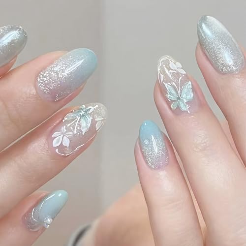 Glitter Press On Nails Medium Almond Fake Nails Press Ons With Butterfly Design Light Blue Acrylic Nails White Flower Pearl False Nails Glue On Nails For Women - color: Design-20