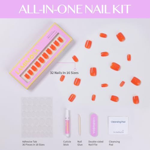 LAMIMOSA 32Pcs Orange Red Press On Nails Short Square, SPRITZ - color: SPRITZ