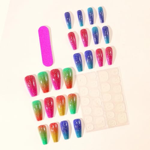 24pcs Long Coffin Press on Nail Colorful Fake Nails with designs Acrylic Press ones Glitter Gradient Stick on Nail Full Cover Reusable Glue on Nails for Women Summer Manicure - color: flower39