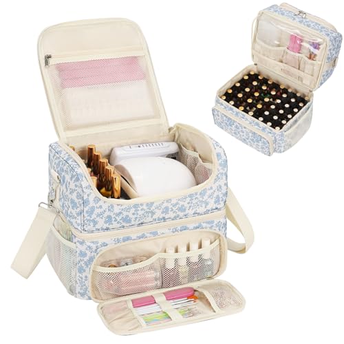 CUBETASTIC Nail Polish Organizer & Storage Bag for 48 Bottles & Full-Size Lamp, Double-Layer Travel Case Box for Nail Supplies, Manicure Kit & Pedicure Tools (Blue Floral, 48 Slots) - color: Blue Floral, size: 48 Slots