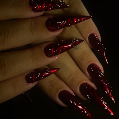 MISUD Press on Nails - Long Stiletto Fake Nails with Goth Red Cat Eye, Acrylic 3D Gel Gothic Vampire Design 24 pcs - color: 06103-01-09Red