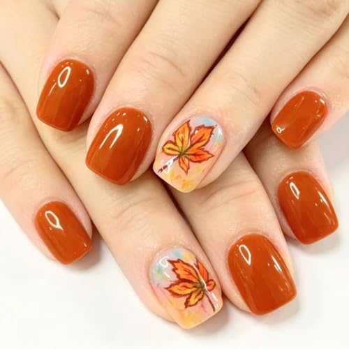 Maple Press on Nails Short Square Fake Nails with Full Cover Designs Orange Nails Press ons Glossy Glue on Nails Fall False Nails Autumn Stick on Nails for Women 24Pcs - color: 19