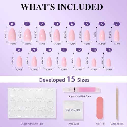 Light Pink Press On Nails, Short Almond, Glossy Blush Glue On Nails - color: A6-Light pink