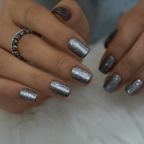 CurvLife Short Square Silver Glitter Press On Nails, Silver Night, Soft Gel - color: Bursting Silver