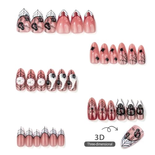 Halloween Gothic Spider Web Press On Nails Medium Almond Fake Nails with 3D Spider & Blood Drip Design French Tip Acrylic False Nails Reusable Goth Halloween Nail Art Kit for Women Party 30Pcs - color: special Halloween-13