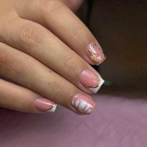 French Tip Press on Nails Short Square Flower Gold Line Design - color: White Gold