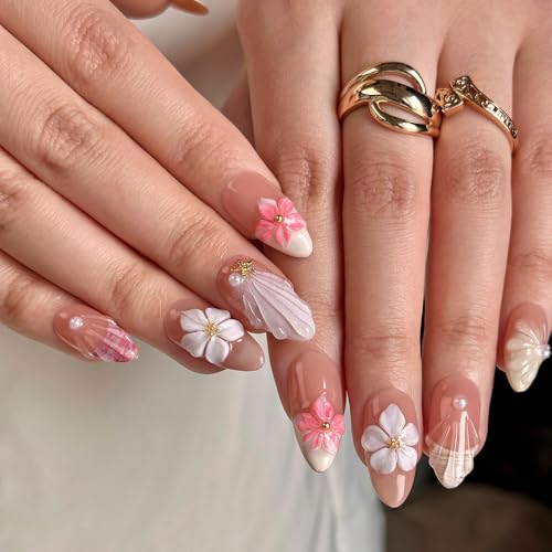 MAGLFELL Salon Press On Nails - 3D Almond Handmade Unique French Fake Nails, Thick Acrylic and Muti-Layer Gel False Nails, Reusable Gel Cured Durable press ons (Size S) - color: 145, size: S
