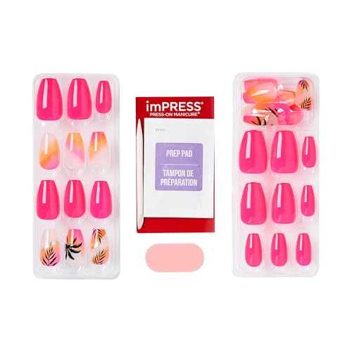 Kiss Impress No Glue Mani Press On Nails, Design, 'Sol', Pink, Medium Size, Coffin Shape, Includes 30 Nails, Prep Pad, 1 Manicure Stick, 1 Mini File