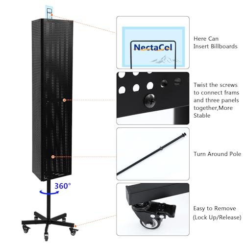 NectaCol Triangular Metal Pegboard Panels Display with Base and Pole, Black Pegboard Display Stand with Wheels, Jewelry Display Rack, Art Display Stand, Extra 20 pieces Hooks