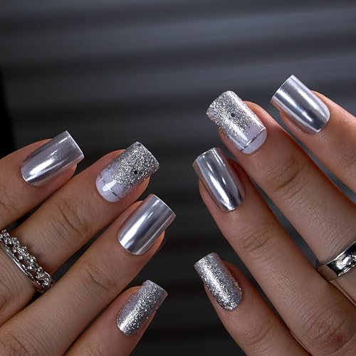 CurvLife Medium Square Chrome Press On Nails, Silver Mirror, Soft Gel - color: Silver Glitter