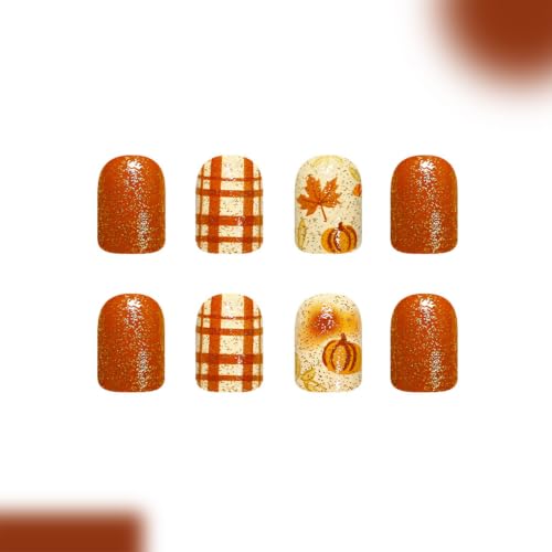 Fall Press on Nails Short Square Autumn Pumpkin Maple Leaf Fake Nails with Orange Brown Plaid Glitter Design Full Cover False Nails Glossy Reusable Glue On Nails for Women Thanksgiving Manicure 24Pcs - color: special Fall-24
