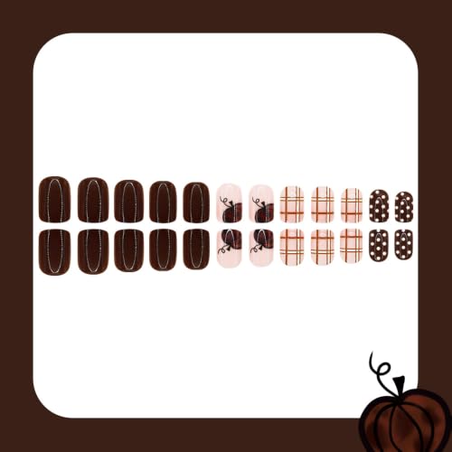 24Pcs Brown Fall Press on Nails Short Square Fake Nails with Plaid Polka Dots Designs Thanksgiving False Nails Pumpkin Glue on Nails Autumn Glossy Full Cover Stick on Nails for Women - color: Fall14