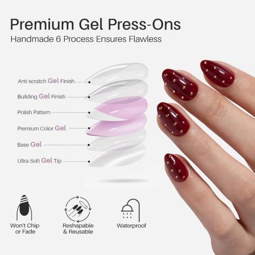 SHANGMENG Press on Nails, Almond Short Cherry Red Nails with 3D Polka Dots - color: Diva's Gala