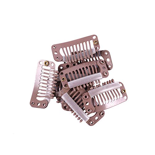 YANTAISIYU 24 pcs/lot 32mm 9-teeth Metal Hair Clip with Rubber Snap Clips for Hairpiece Wig Accessories Clips (Light Brown) - color: Light Brown, style: 32mm 24pcs