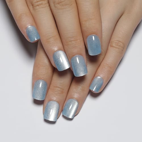 Light Blue Press On Nails Square – Short Cat Eye Fake Nails 30PCS - color: M02-Aurora Mist