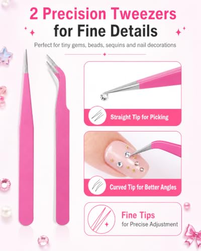 14Pcs Rhinestone Picker Tool 3 Bedazzling Pen, 6 Wax Tips&2 Tweezer - color: White pink
