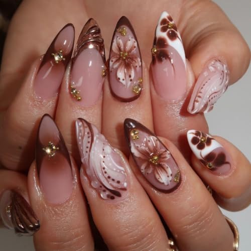 Fall Press on Nails Almond, Flower, Water Ripple, Brown, Medium - color: Style-03