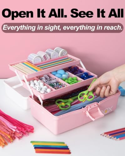 TERGOO 13in Lager Plastic Craft Organizer and Storage 3-Layer Tackle Box - color: White Pink