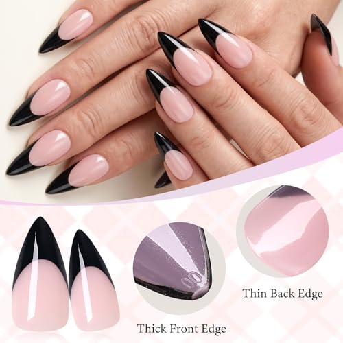Black French Tip Press on Nails,Long Stiletto Nails, Light Pink - color: Black French Tips in Light Pink Base