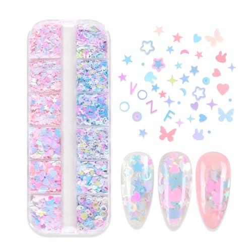 2 Pack 12 Grids Nail Glitter Sequins - 5g Each Dreamy Mix Color + Laser Silver, 3D Holographic Nail Charms for DIY Nail Art Supplies, Manicure Decorations for Women Beginners