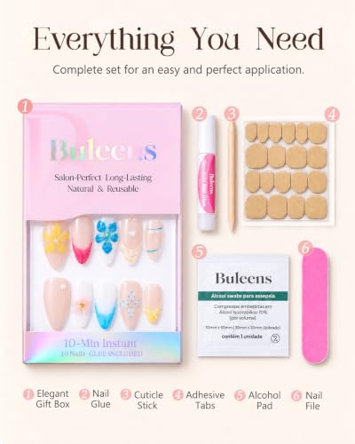 Buleens 100% Handmade Acrylic Press On Nails Medium Almond 10PCS Size M - color: Colorful Flower, size: M