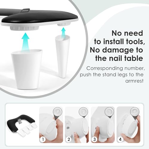 LIONVISON Arm Rest for Nails Tech: U Shaped Ergonomic Nail Hand Rest Stand PU Leather with Rotating Phone Holder for Nail Salon Manicurist (Black) - color: Black with Phone Holder