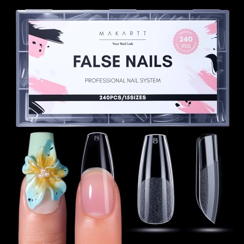 Makartt Coffin Nail Tips: Medium, 240PCS, 15 Sizes, Half Matte, Clear Acrylic, Full Cover Ballerina Press on Nails Extensions Supplies Salon and DIY Extension for Long-Lasting Manicure - size: Medium-Long
