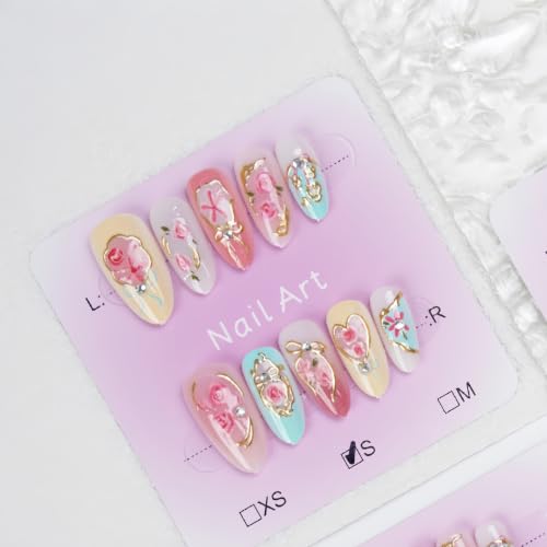 30Pcs Pink Press on Nails Medium Almond Fake Nails with 3D Flower Rhinestone Bow Design Rose Tulip Gold Gilding False Nail Pink Flower Full Cover Acrylic Nail Glossy Cute Floral Glue on Nail for Women - color: rose diamond bow