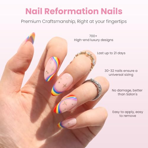 Nail Reformation Press On Nails, Rainbow Ombre Swirl Medium Almond 30 Pcs - color: Rainbow Arc