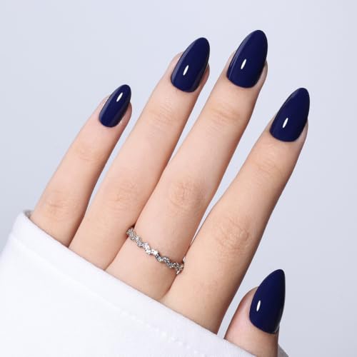 Navy Blue Press On Nails, Short Almond, Glossy Dark Blue Glue On Nails - color: D8-Navy Blue