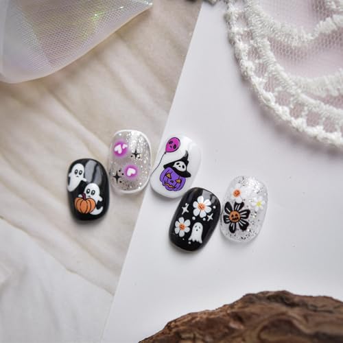 1 Sheet Cute Halloween Nail Art Stickers 5D Embossed Self-Adhesive Nail Decals Flower Ghost Pumpkin Star Spider Web Flower Nail Designs Holiday Nail Decorations for Women Acrylic Manicure Tips - color: Cute Ghost