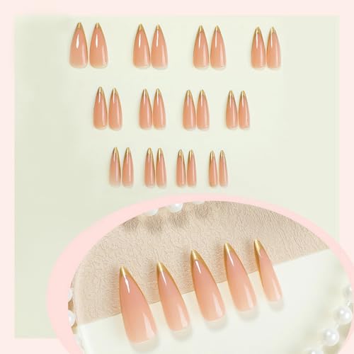 MISUD Press on Nails - Long Stiletto Glue on Nails with Gold Chrome, Acrylic French Tip Design 24 pcs - color: 02305-03Gold